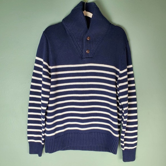 J. Crew Other - J. Crew Mens Blue Cotton Shawl Collar Cream Striped Sweater Size Large